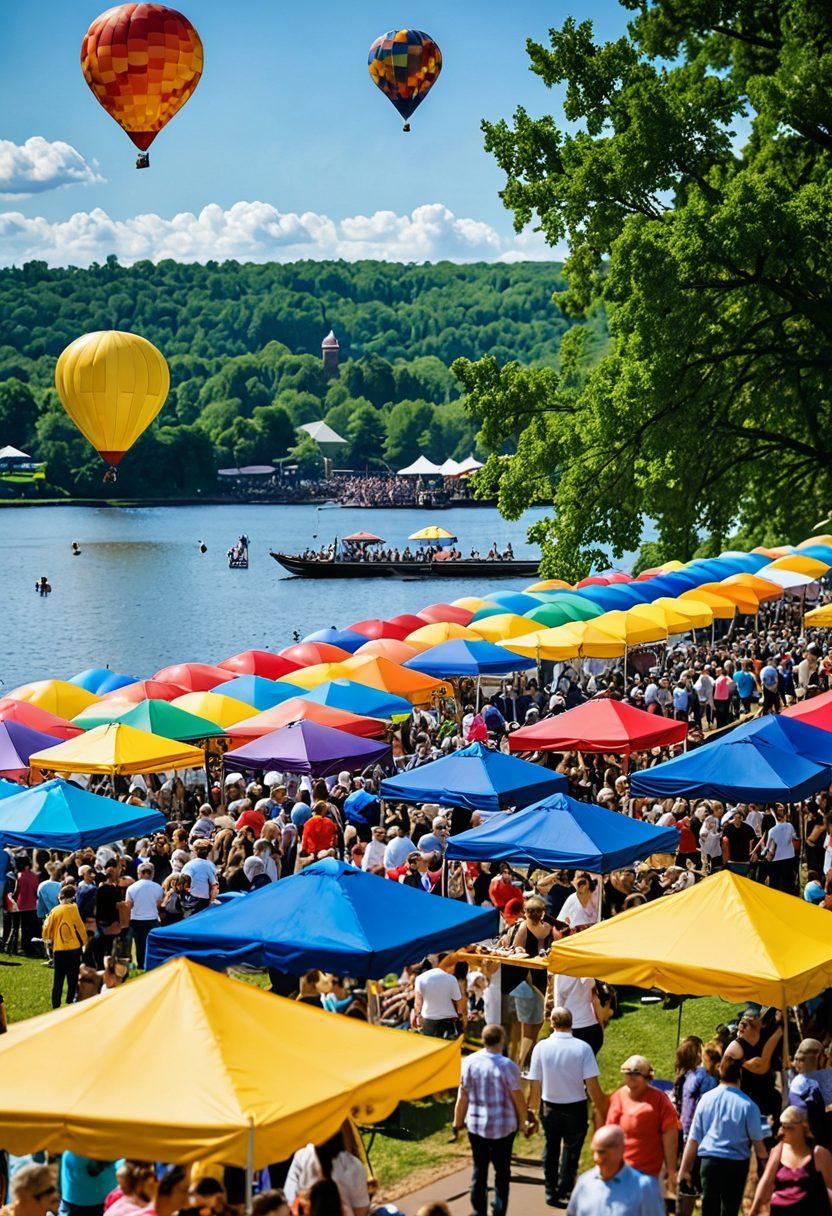 A vibrant scene depicting joyful people enjoying a sunny day at a lively Duluth festival, showcasing colorful banners, food stalls, and bustling crowds. Nearby, families are playing in a beautiful park with blooming flowers and a stunning lake view in the background. Bright balloons and laughter fill the air, capturing the essence of cheerful attractions. super-realistic. vibrant colors. dynamic composition.