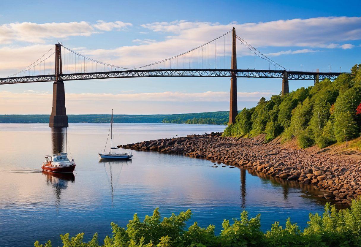 A scenic view of Duluth featuring the picturesque Skyline, with vibrant sailboats on Lake Superior, lush green hiking trails, and a cozy café with happy people enjoying coffee. Incorporate iconic landmarks like the Aerial Lift Bridge under a clear blue sky, surrounded by joyful outdoor activities. Emphasize a sense of adventure and tranquility with bright, inviting colors. super-realistic. vibrant colors.