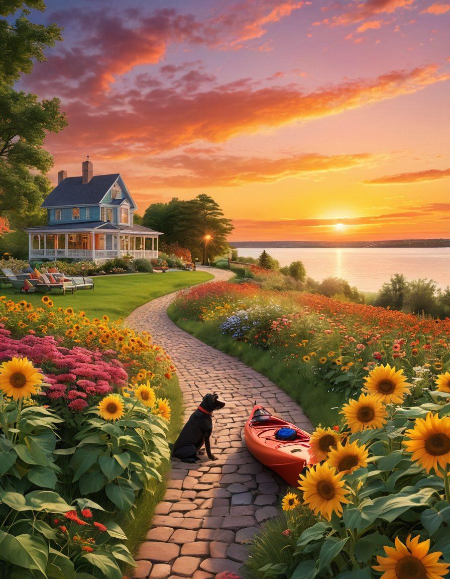 A scenic view of a vibrant Duluth harbor at sunset, featuring families enjoying playful activities like kayaking and picnicking on the lush green lawn. Colorful flowers bloom along the pathways, while a joyful dog runs through a field of sunflowers. The sky is painted with warm hues of orange and pink, creating a blissful atmosphere. super-realistic. vibrant colors. 3D.